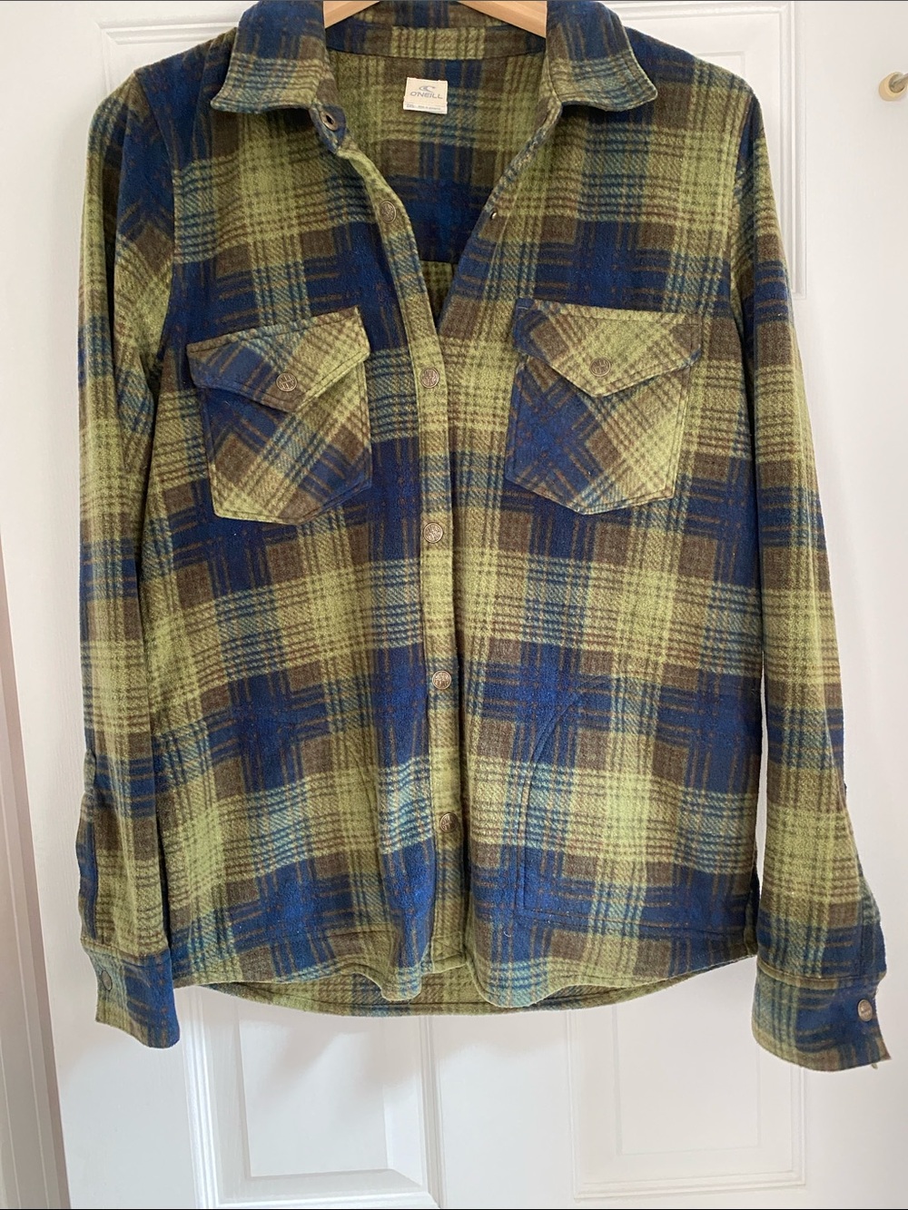 O'Neill Women's Fleece  Plaid Button-Down Shirt Jacket - Olive Green & Navy